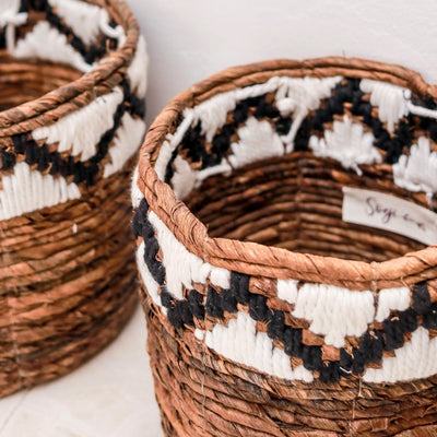 Small Basket Round for Plants or as Storage Basket | Woven Boho Basket SADARA with Macrame Pattern