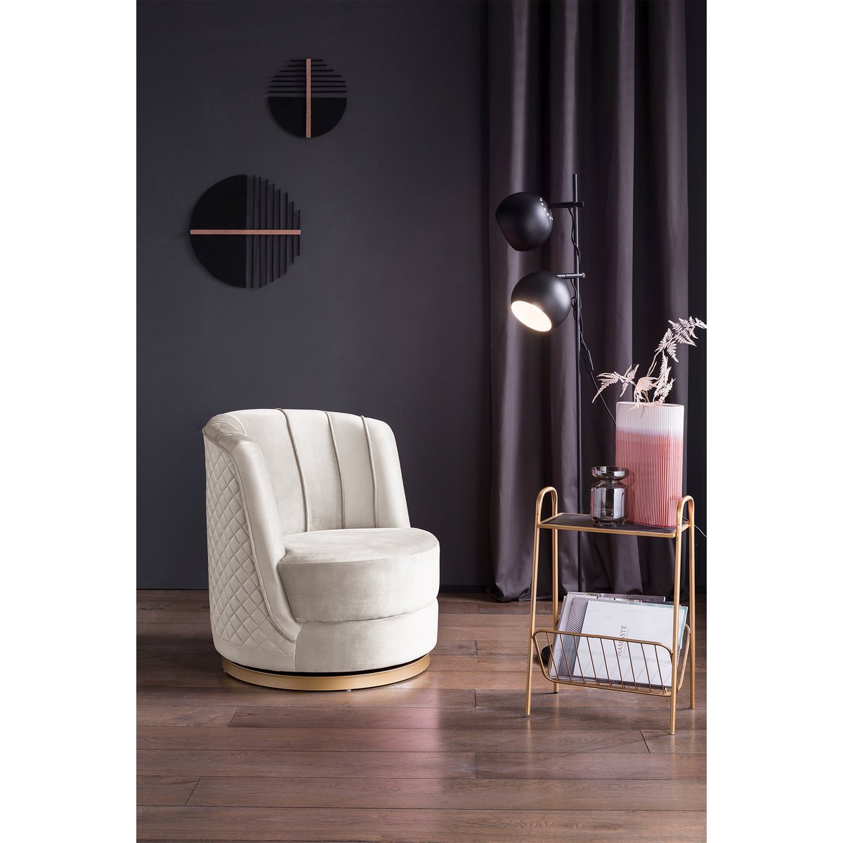 Swivel armchair in beige velvet