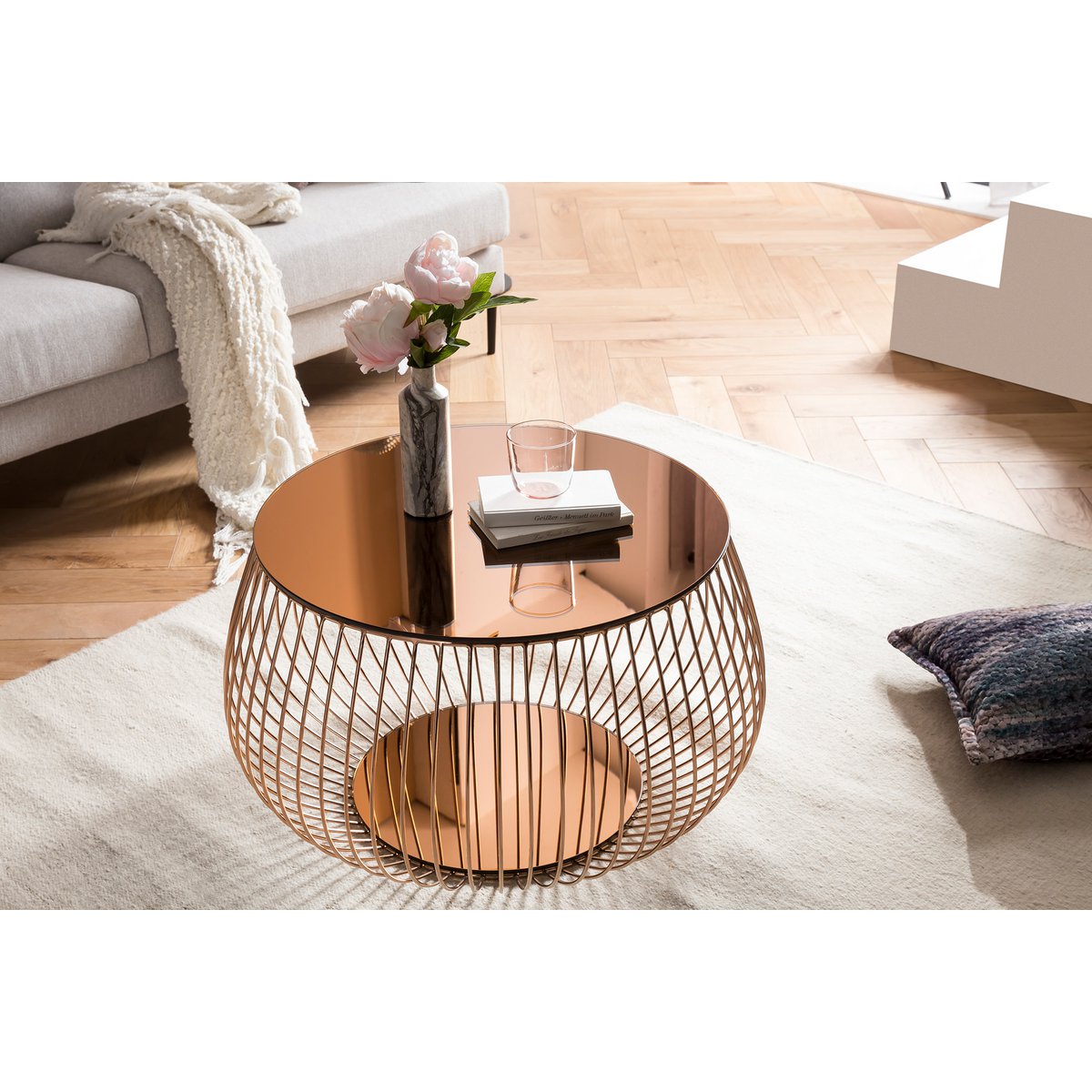 Coffee table with metal basket Ø 72 cm