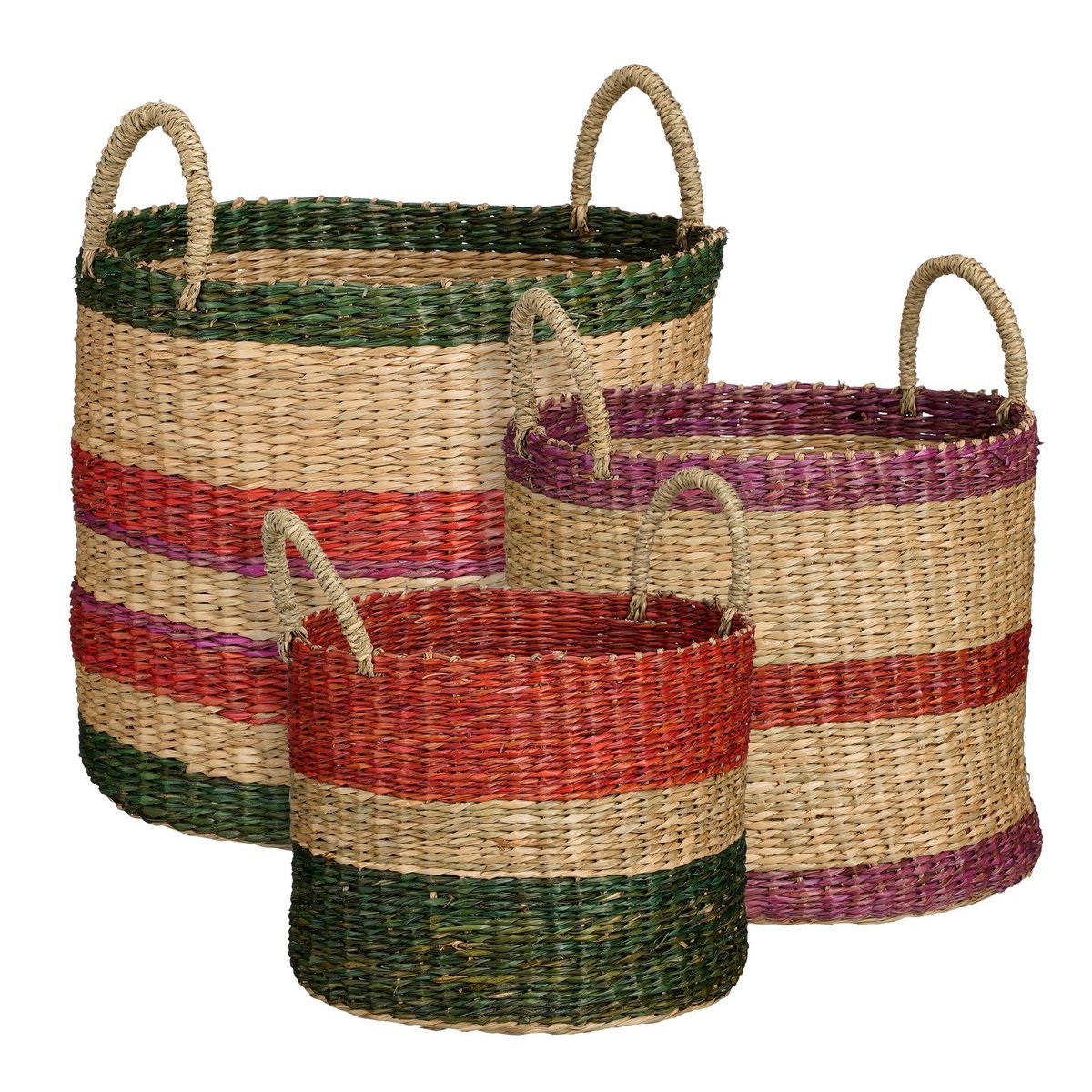 Basket - Set of 3 - H29 x Ø32 cm - Brown, Red, Green, Pink