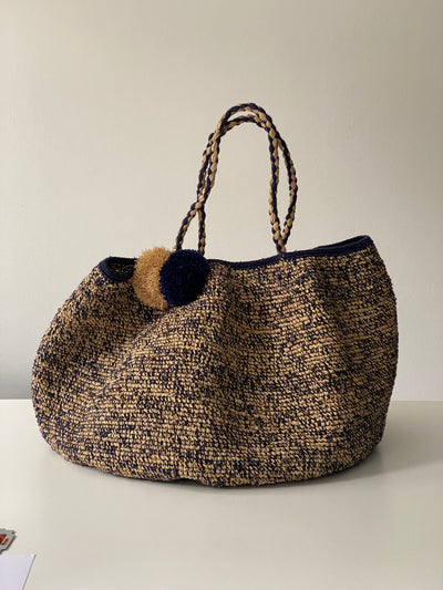 Noro Raphia Bag XL (Beige/Navy Pom Pom)